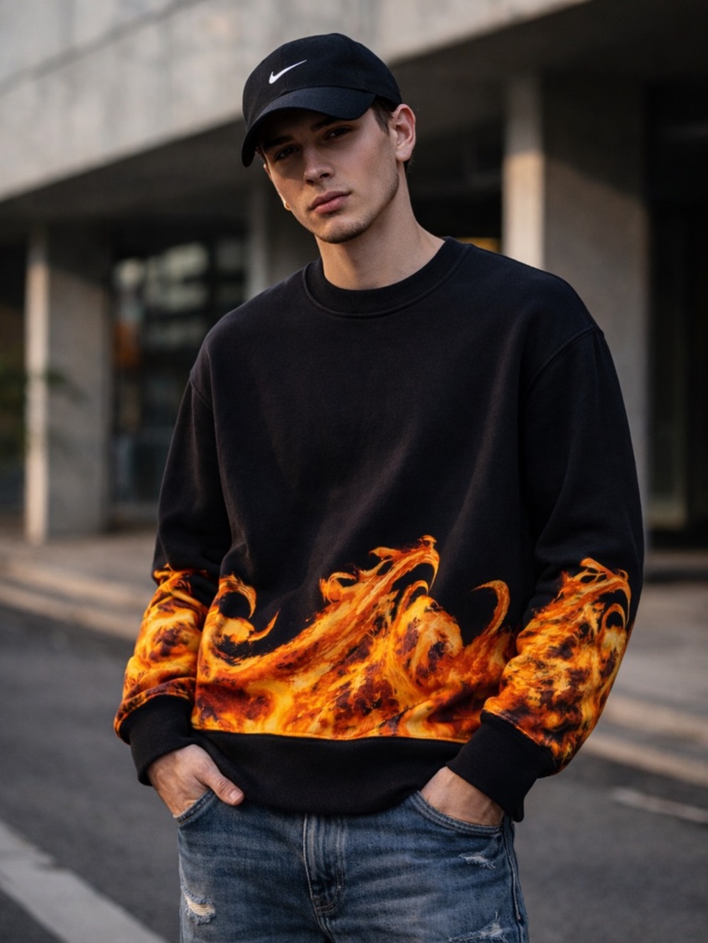 Givenchy Black Sweater with Orange Flame Design Authentic made in Italy sz M